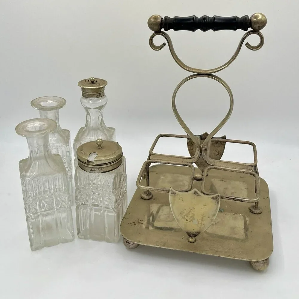 Antique Victorian EPNS Cruet Castor Set Pressed Glass Bottles Silverplate Stand